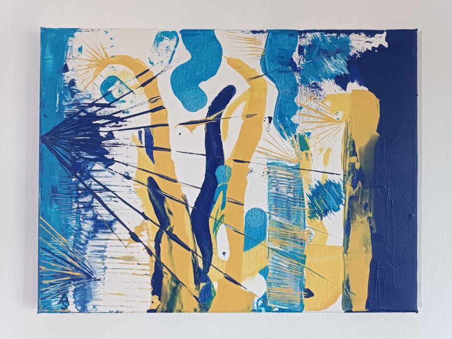 Abstrakte Malerei in Blau und Gelb mit dynamischen Formen und Linien.