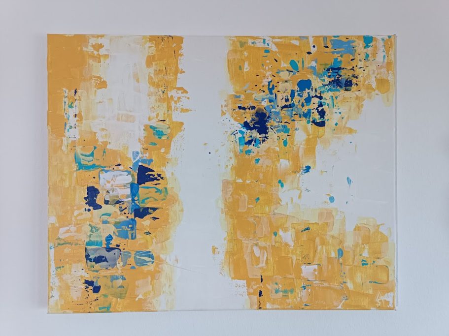 Abstraktes Gemälde in Gelb und Blau mit strukturierten Farbflächen.